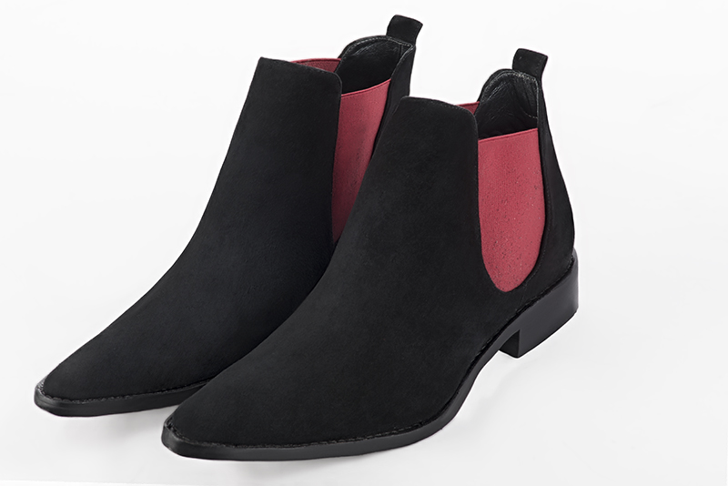 Matt black and cardinal red dress booties for men. Tapered toe. Flat leather soles - Florence KOOIJMAN